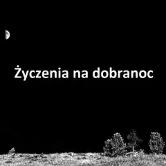 Księżyc nad nocnym krajobrazem. Tekst: "Życzenia na dobranoc". Czas na spokojny sen.