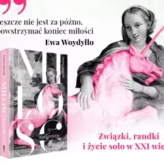 Książka "Miłość nie istnieje" Tomasza Szlendaka z cytatem Ewy Woydyłło. Różowy jednorożec na tle obrazu sugeruje, że miłość nie istnieje.