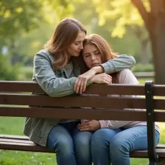 Kobieta obejmuje smutną dziewczynę na ławce w parku. Pokazuje, jak pocieszyć chłopaka na odległość, oferując wsparcie i bliskość.