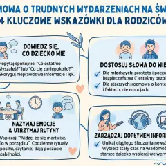 Cztery wskazówki dla rodziców: dowiedz się, co dziecko wie, dostosuj słowa do wieku, nazywaj emocje i rutyny, zarządzaj dopływem informacji. Ciekawe tematy do rozmowy o trudnych wydarzeniach.