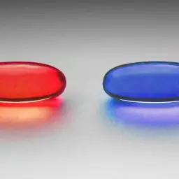 Dwie pigułki, czerwona i niebieska, symbolizujące wybór między prawdą a iluzją. Redpill co to? To wybór świadomości.