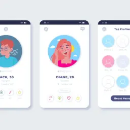 Aplikacja randkowa z profilami Jacka i Diane. Na ekranie "Top Profiles" widać wiele osób, co może sugerować, czy Tinder jest płatny, czy darmowy.