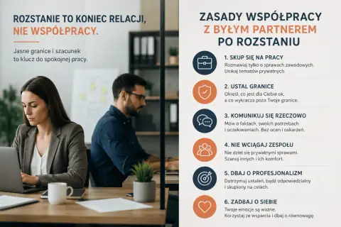 Rozstanie to koniec relacji, nie współpracy. Facet utrzymuje kontakt z byłą, by skupić się na pracy, ustalić granice i komunikować rzeczowo.