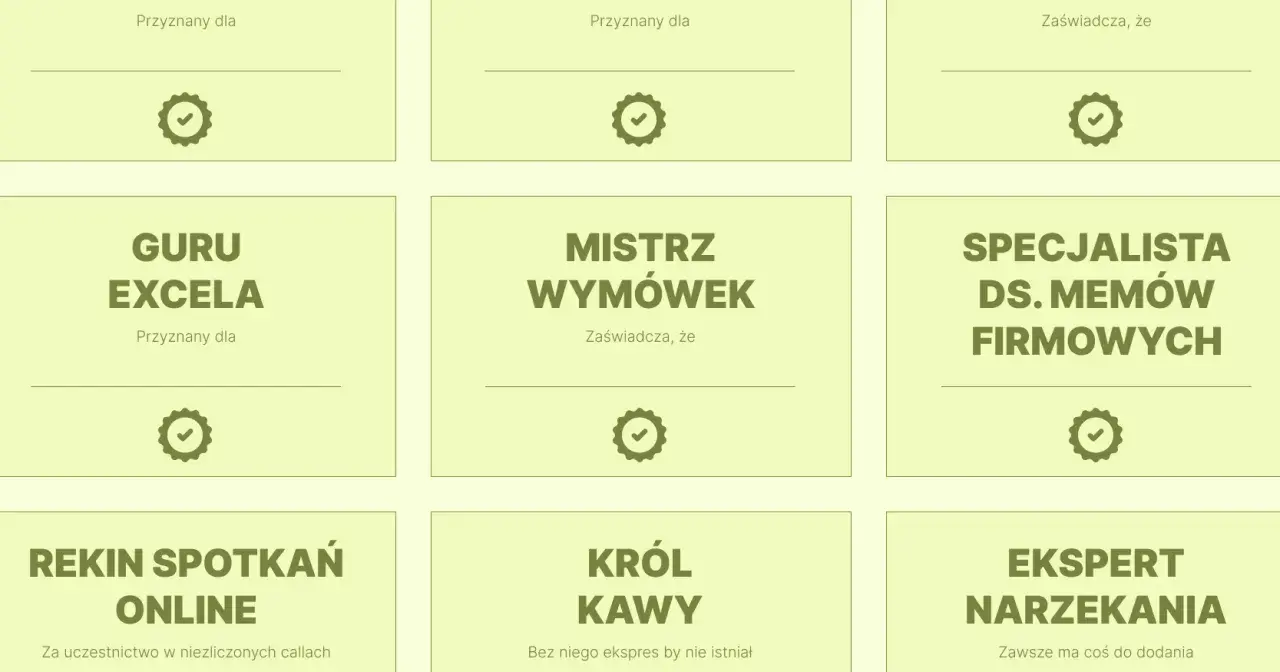 Grafika z zabawnymi tytułami i ikonami medali, np. "Guru Excela", "Mistrz Wymówek".