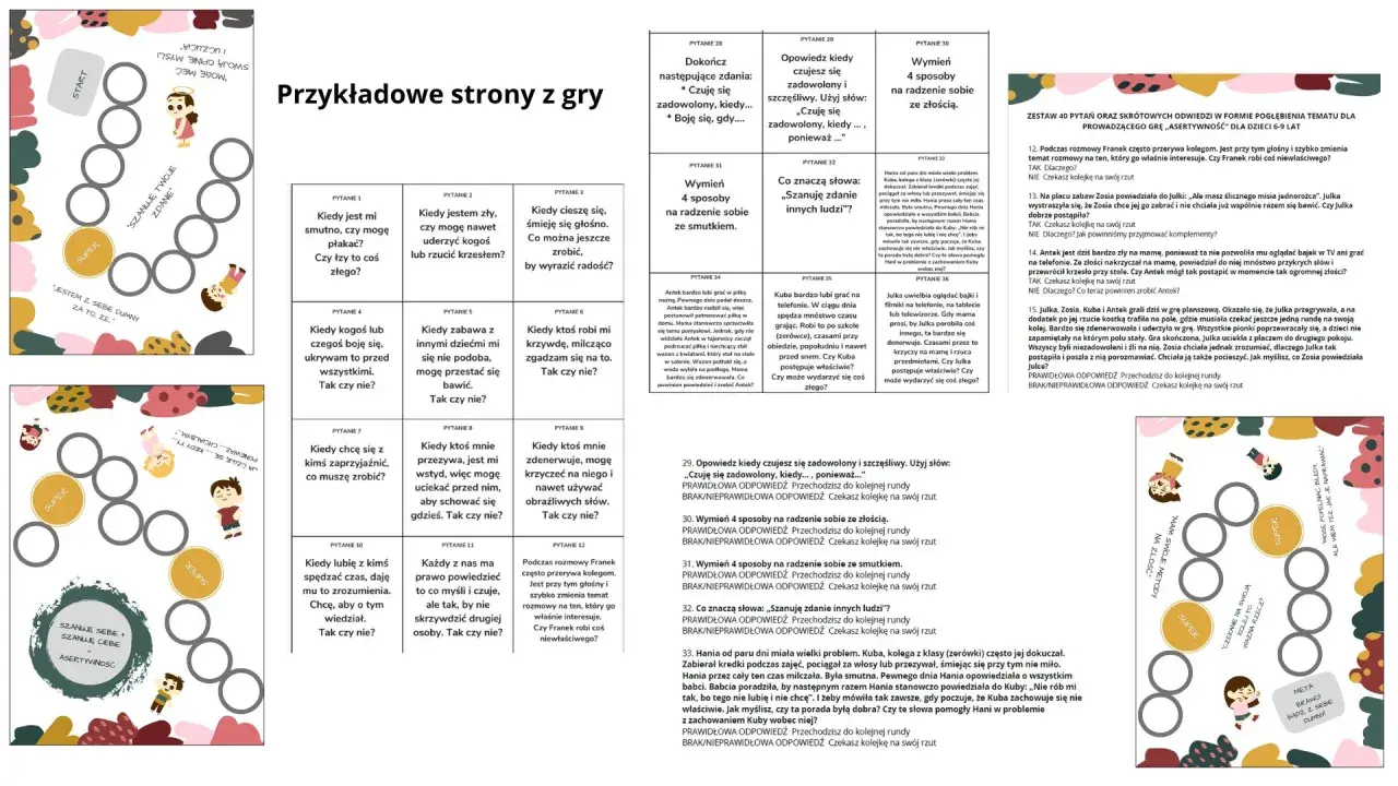 Gra planszowa z pytaniami o emocje i relacje. Zawiera karty z pytaniami, planszę z polami do zaznaczania postępów i instrukcje. Idealna do nauki radzenia sobie z trudnymi sytuacjami, np. gdy ktoś nas denerwuje, a także do ćwiczenia ciętych ripost na py...