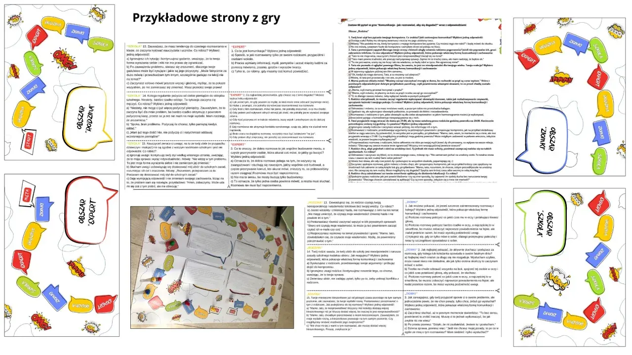 Gra planszowa z pytaniami i odpowiedziami, promująca uniwersalne tematy do rozmowy, z podziałem na obszary: "Rodzina", "Szkoła", "Ziomki" i "Ekspert".