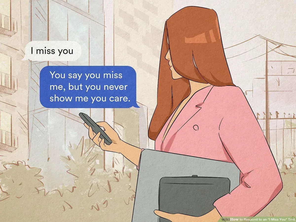 Kobieta w różowym żakiecie trzyma telefon z wiadomością "You say you miss me, but you never show me you care.