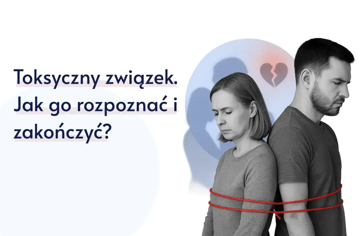 Para z opaskami na rękach, symbolizująca jak naprawić toksyczny związek. Złamane serce w tle.