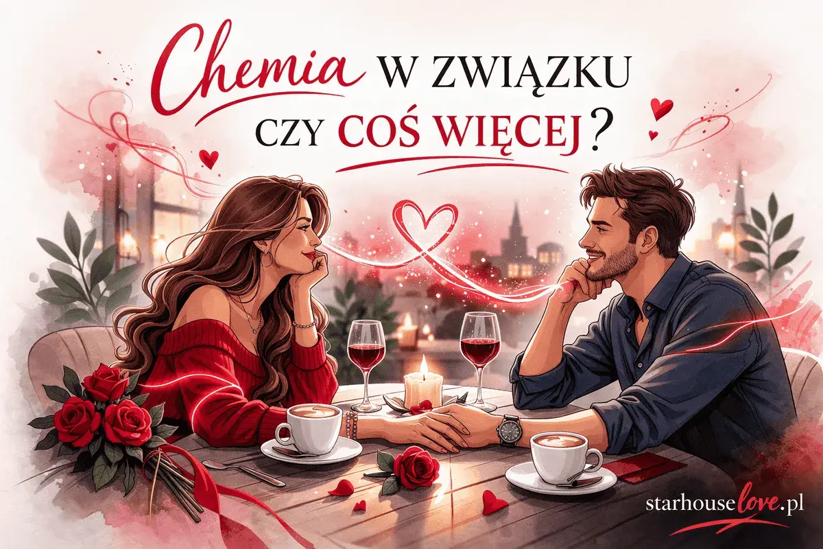 Para zakochanych przy romantycznej kolacji. Widać iskrzącą się chemię między kobietą a mężczyzną, podkreśloną przez serca i płomień świecy.