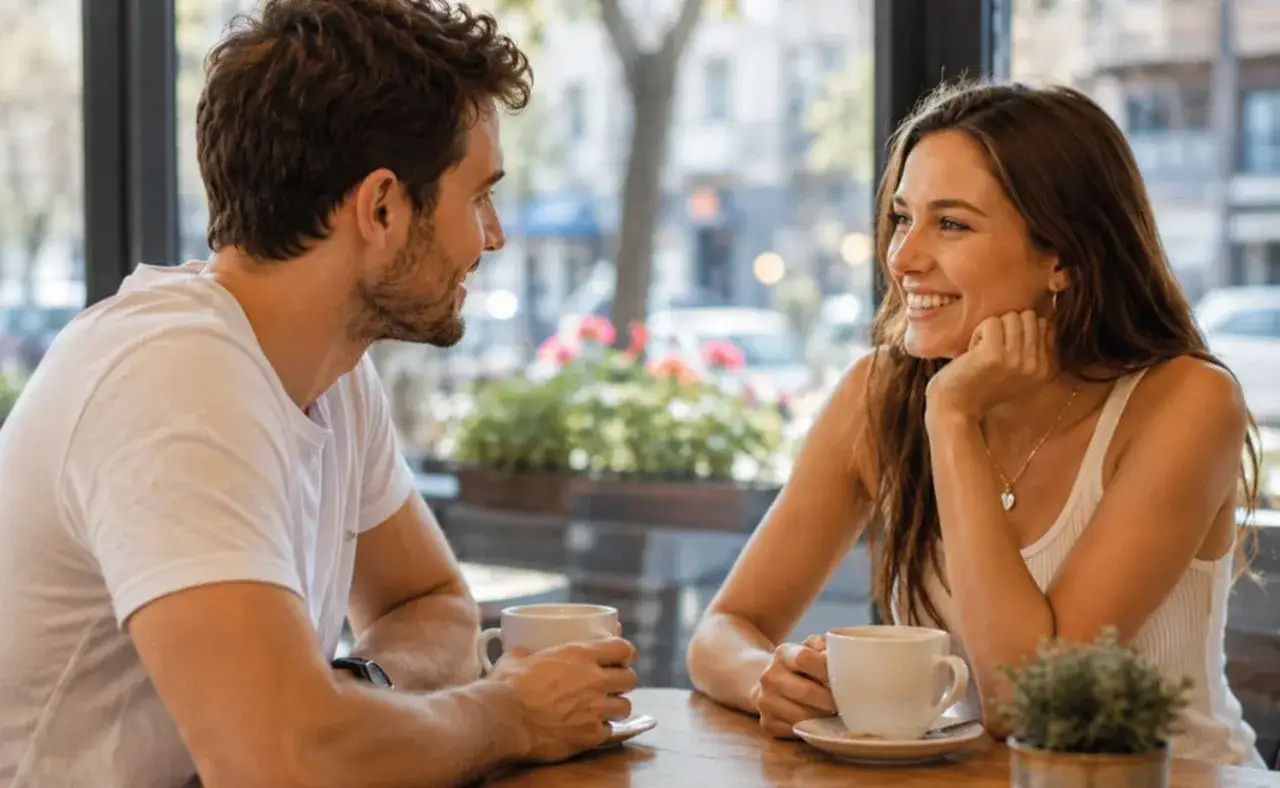 Para poznała się na kawie. Ona zadaje mu krępujące pytania dla chłopaka, zapytaj, a on śmieje się, słuchając.