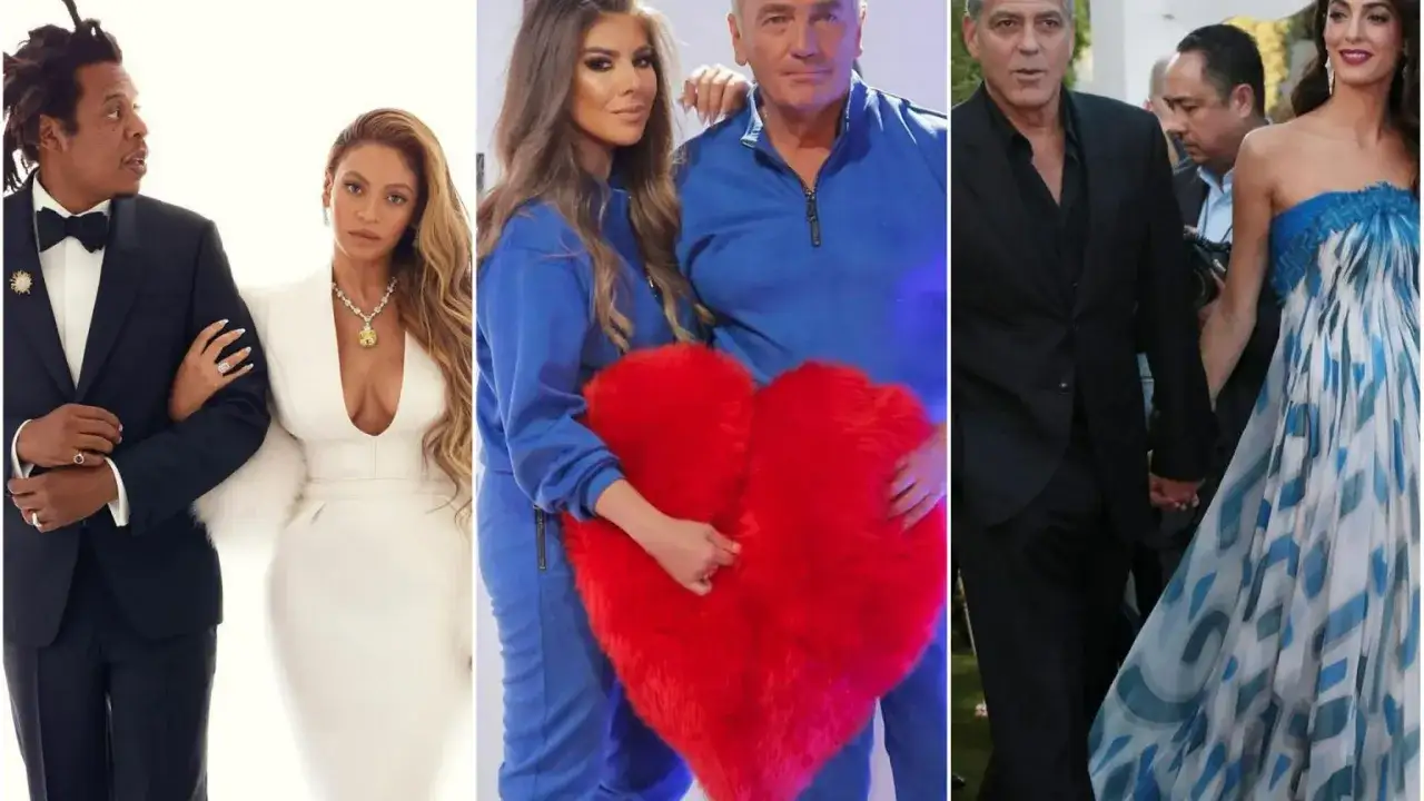 Jay-Z i Beyoncé, para z niewielką różnicą wieku, obok pary z dużą różnicą wieku trzymającej serce, i George i Amal Clooney.