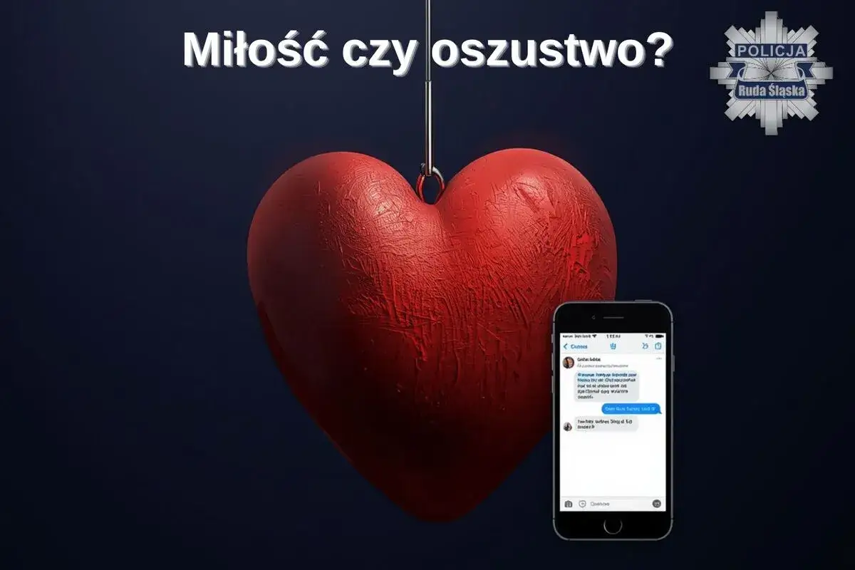 Czerwone serce na haczyku, obok telefon z wiadomością. Czy to miłość, czy oszustwo? Policja Ruda Śląska ostrzega przed fałszywymi uczuciami.